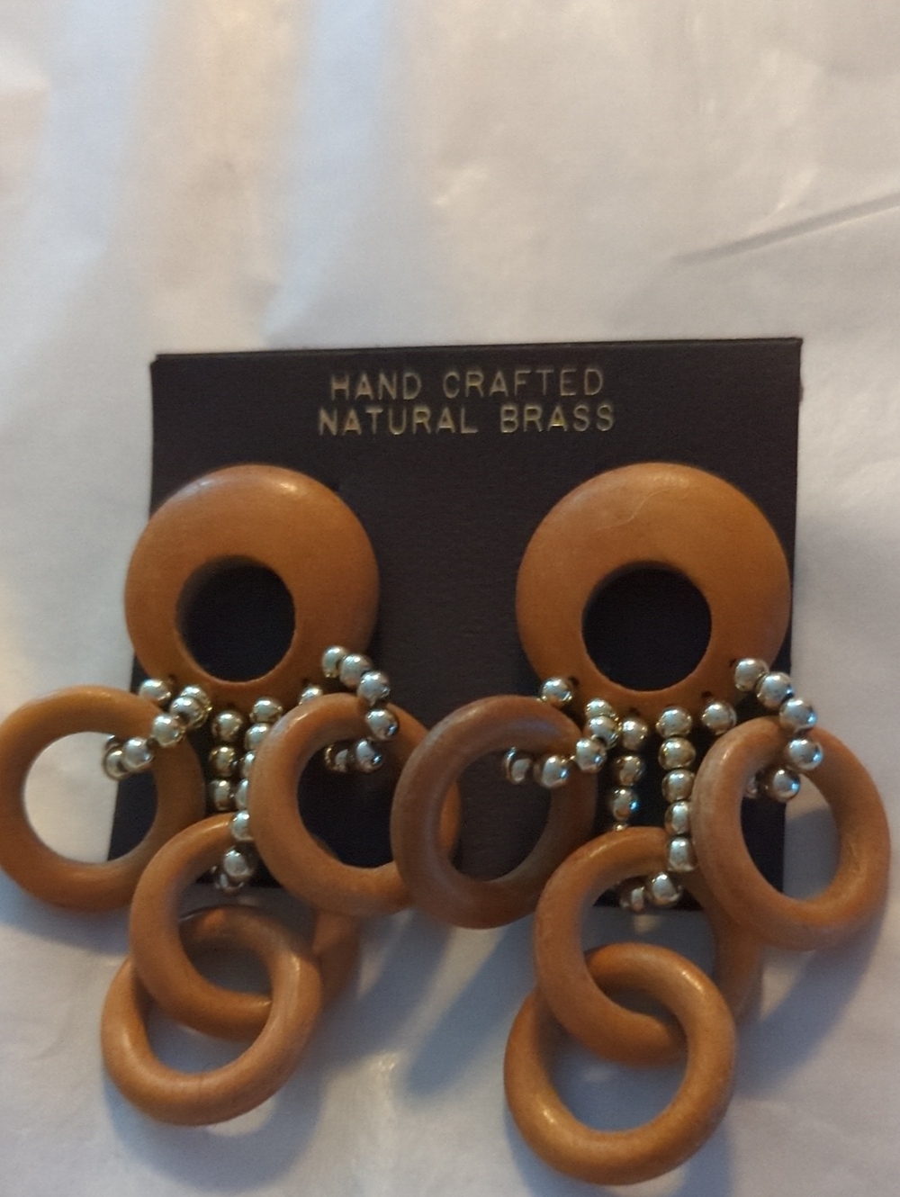 Hand Crafted Natural Brass Brown Wooden Hoop StatementPierced EarringSALE  SALE
